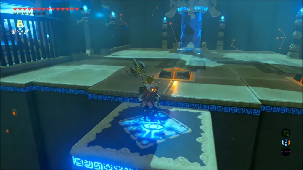 Link riding a glowing platform back across the shrine toward the monk Link riding a glowing platform back across the shrine toward the monk