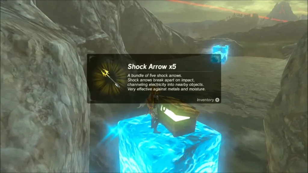 Link opening the chest on the ice block with the Shock Arrow x5 item box Link opening the chest on the ice block with the Shock Arrow x5 item box