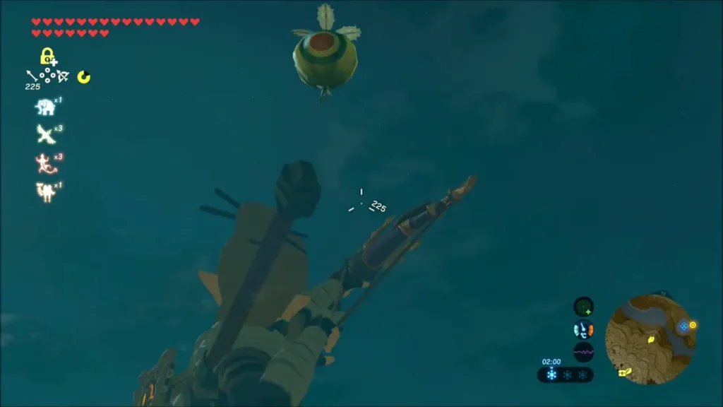 Link aiming his bow up at a Korok floating in the sky Link aiming his bow up at a Korok floating in the sky