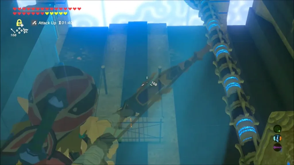 Link drawing his bow while airborne to hit the switch in the wall Link drawing his bow while airborne to hit the switch in the wall