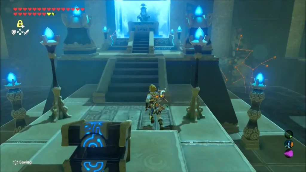 A shrine chest in the foreground as Link walks toward the altar A shrine chest in the foreground as Link walks toward the altar