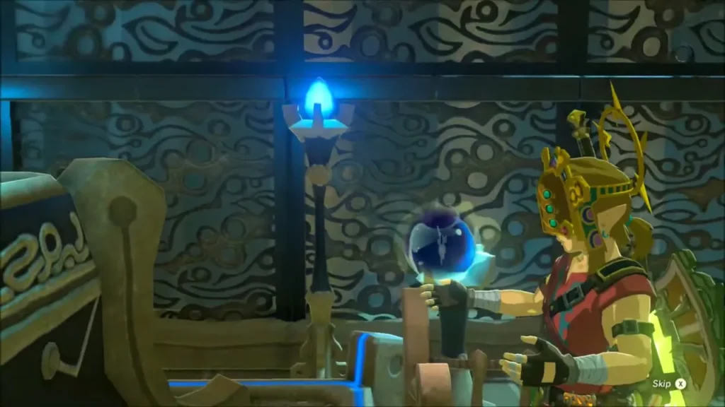 The shrine monk handing Link a Spirit Orb The shrine monk handing Link a Spirit Orb