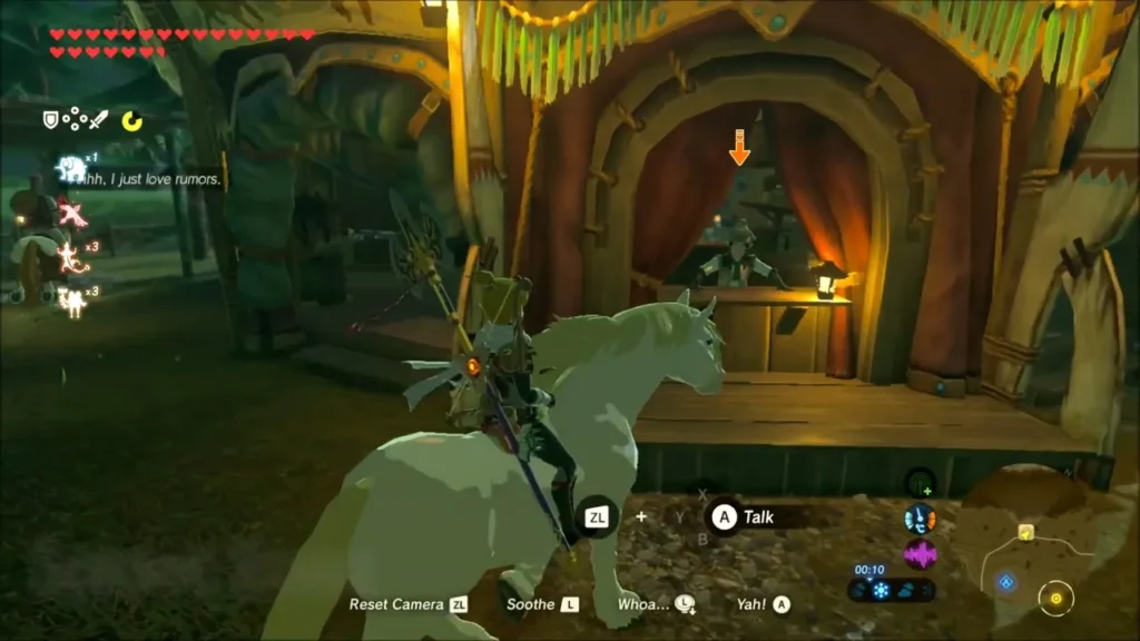 Link on horseback approaching the stable keeper at night Link on horseback approaching the stable keeper at night