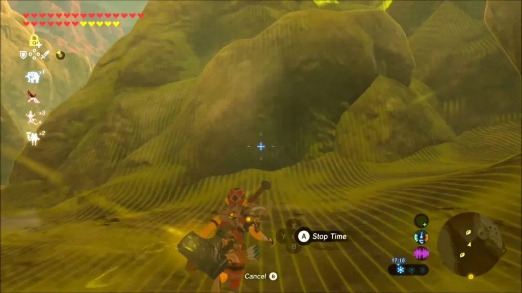 Link freezing a canyon boulder in Stasis before hitting it Link freezing a canyon boulder in Stasis before hitting it