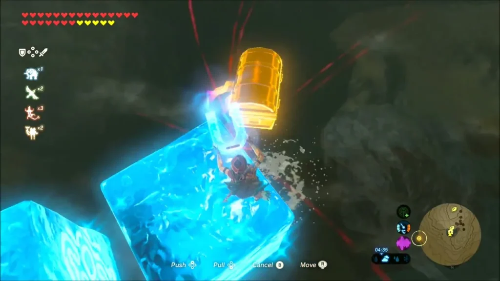 Link launching the stasis-frozen chest with a heavy weapon Link launching the stasis-frozen chest with a heavy weapon