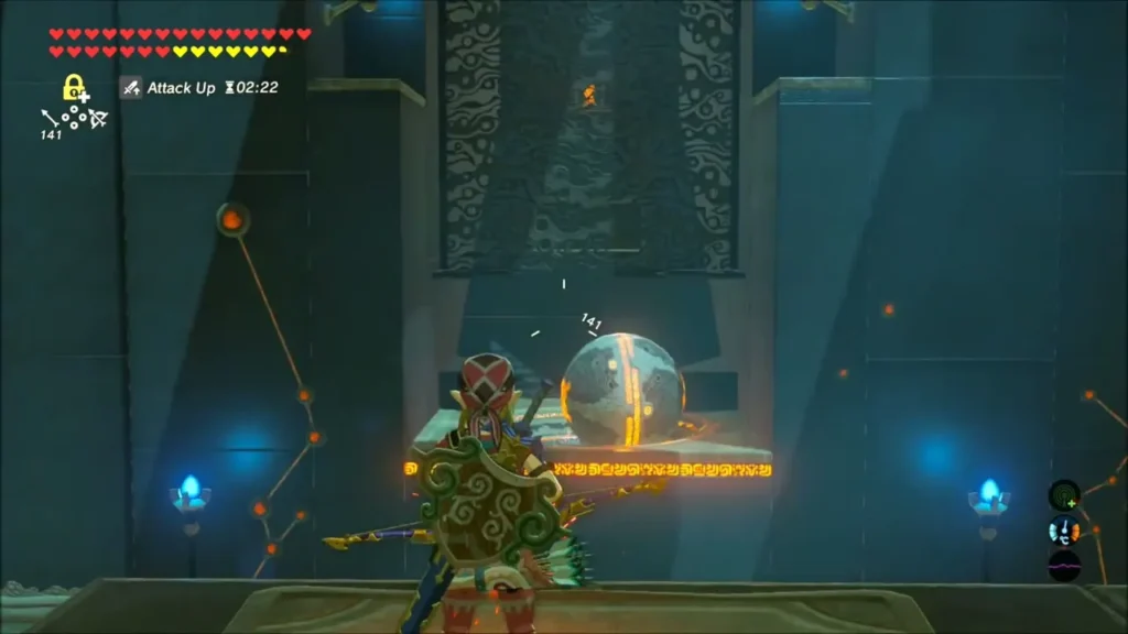 Link aiming at the giant sphere on its platform in the shrine Link aiming at the giant sphere on its platform in the shrine
