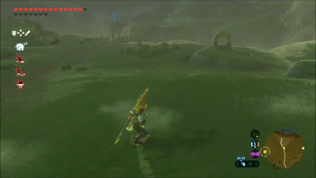 Link with a drawn bow on the plain and a stone ring on a distant ridge Link with a drawn bow on the plain and a stone ring on a distant ridge