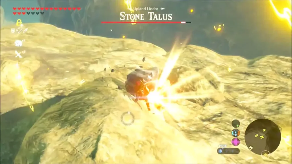 Link striking the glowing ore deposit on the Stone Talus Link striking the glowing ore deposit on the Stone Talus