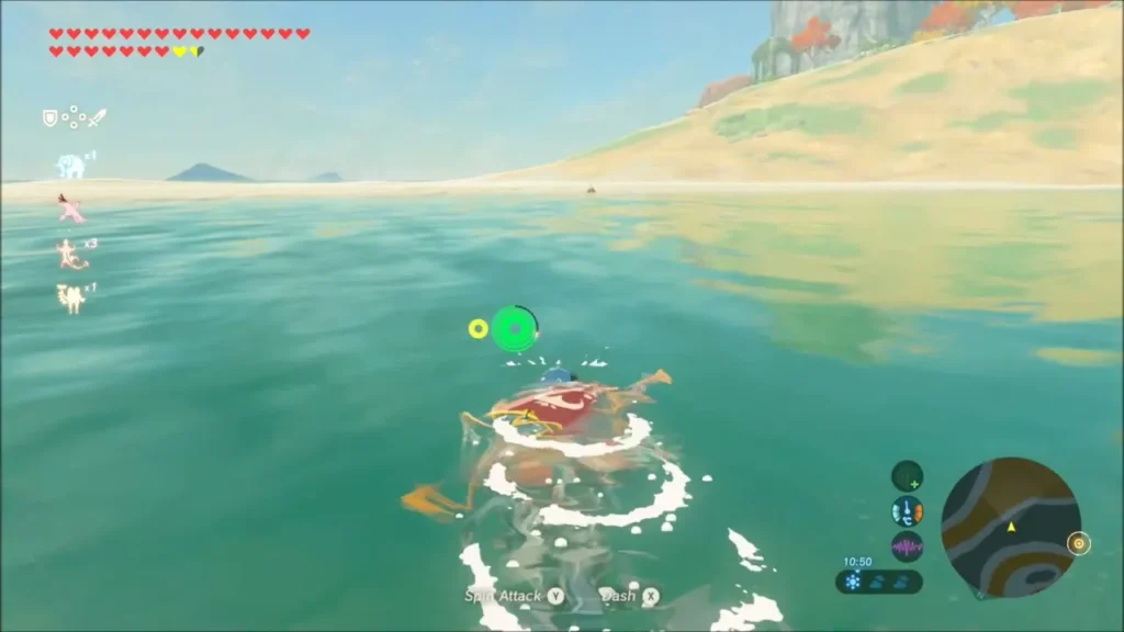 Link swimming through open water toward the shore Link swimming through open water toward the shore