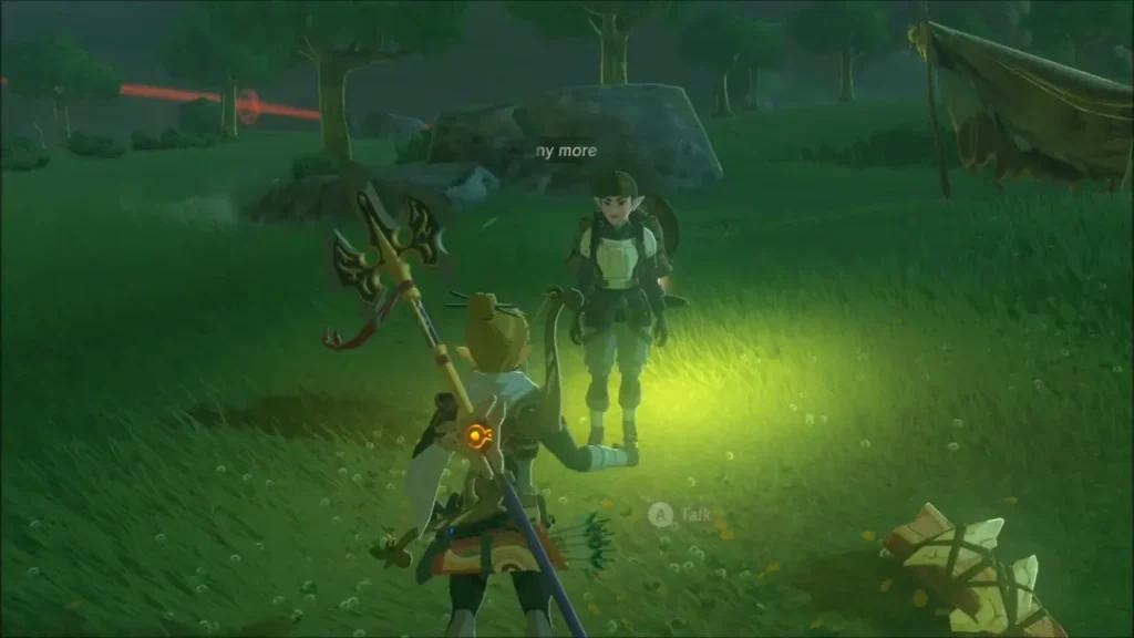 Link talking to a traveler by a camp at night Link talking to a traveler by a camp at night