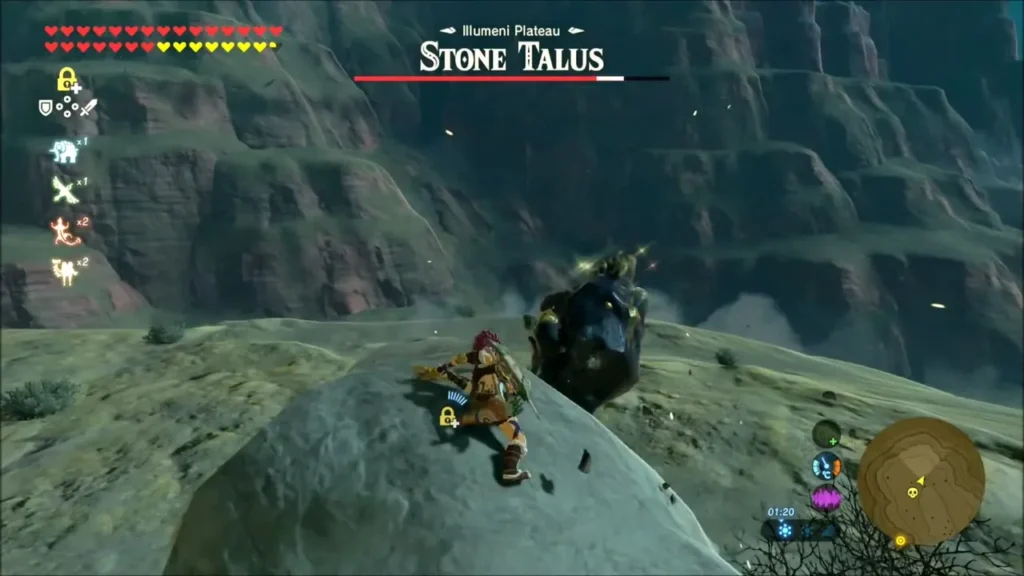 Link climbing a boulder to strike the ore deposit on the Stone Talus Link climbing a boulder to strike the ore deposit on the Stone Talus