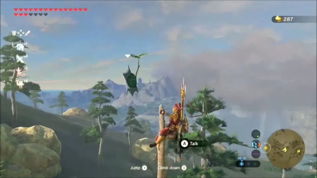 Link climbing a pine trunk to the Korok leaf at the top Link climbing a pine trunk to the Korok leaf at the top