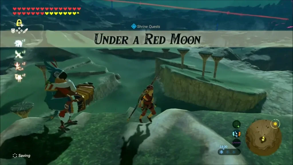 Under a Red Moon shrine quest banner with Kass beside Link on the bluff Under a Red Moon shrine quest banner with Kass beside Link on the bluff