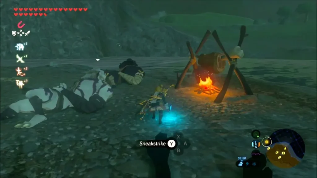 Link sneaking up on resting monsters at a lakeside campfire Link sneaking up on resting monsters at a lakeside campfire