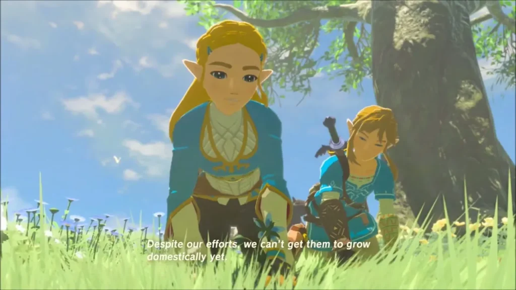 Zelda kneeling in the grass beside Link under a tree, discussing the flowers Zelda kneeling in the grass beside Link under a tree, discussing the flowers