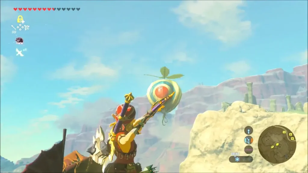 Link aiming his bow up at the balloon fruit holding a Korok Link aiming his bow up at the balloon fruit holding a Korok