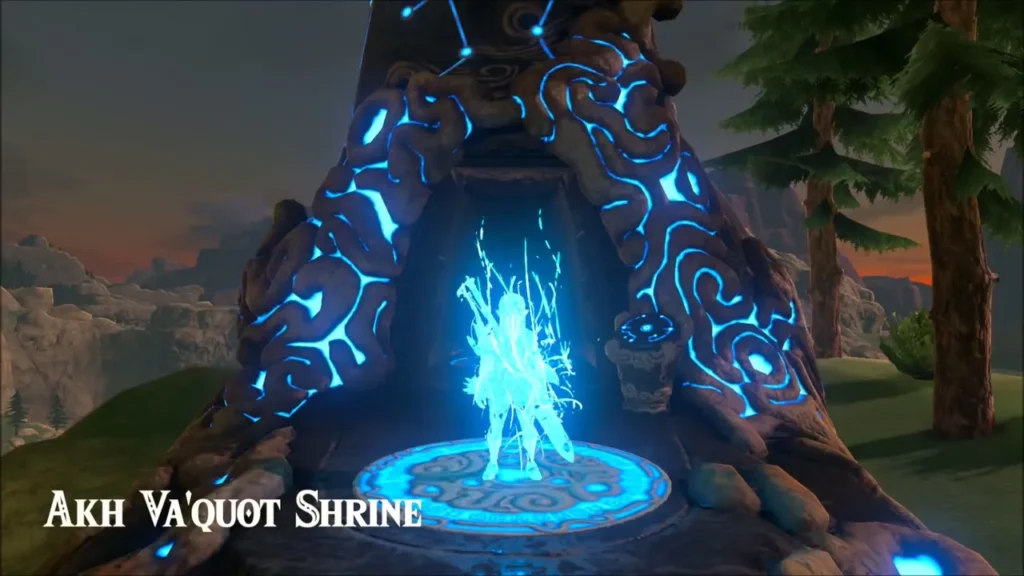 Link arriving at Akh Va'quot Shrine, glowing in the Sheikah warp spot Link arriving at Akh Va'quot Shrine, glowing in the Sheikah warp spot