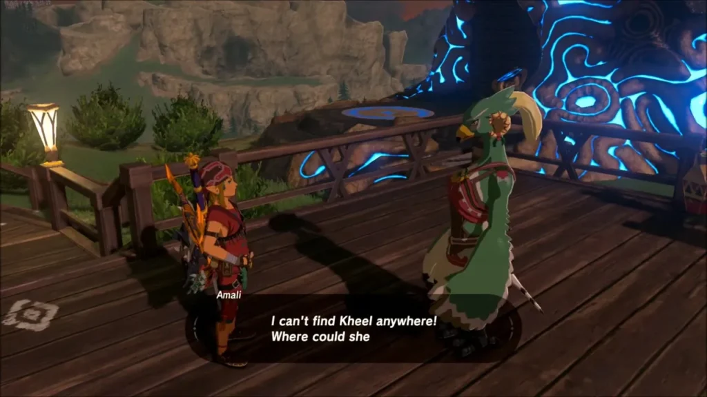 Amali telling Link she cannot find her daughter Kheel on the village platform Amali telling Link she cannot find her daughter Kheel on the village platform