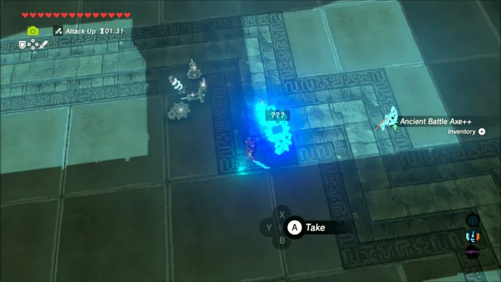 Ancient Battle Axe++ and Guardian parts dropped on the floor by the defeated Scout Ancient Battle Axe++ and Guardian parts dropped on the floor by the defeated Scout