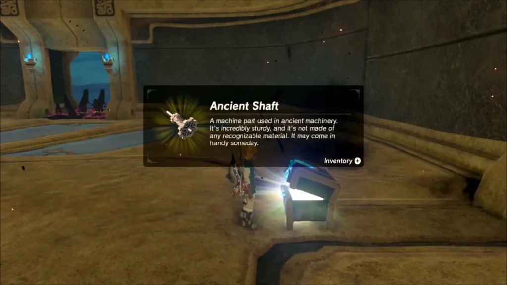 Link collecting an Ancient Shaft from the chest on the lowest level Link collecting an Ancient Shaft from the chest on the lowest level