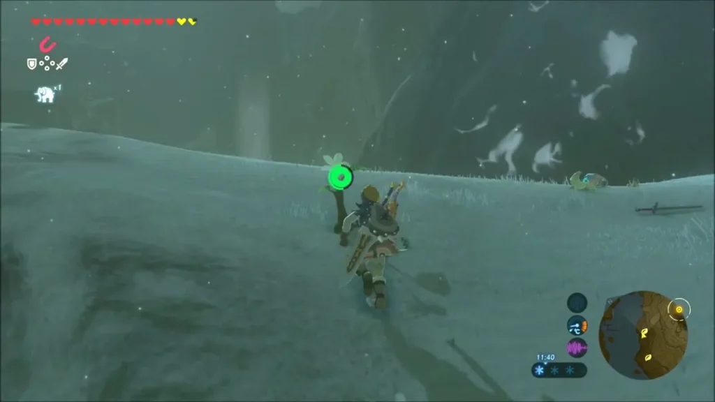 Link walking up to the snowy ledge near the top Link walking up to the snowy ledge near the top