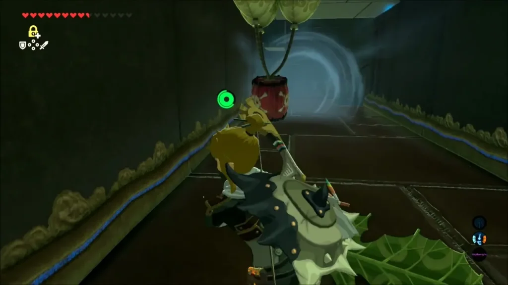 Link facing a barrel hanging from balloons in the corridor Link facing a barrel hanging from balloons in the corridor