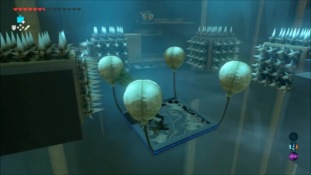 Link on a balloon platform floating between spiked walls Link on a balloon platform floating between spiked walls
