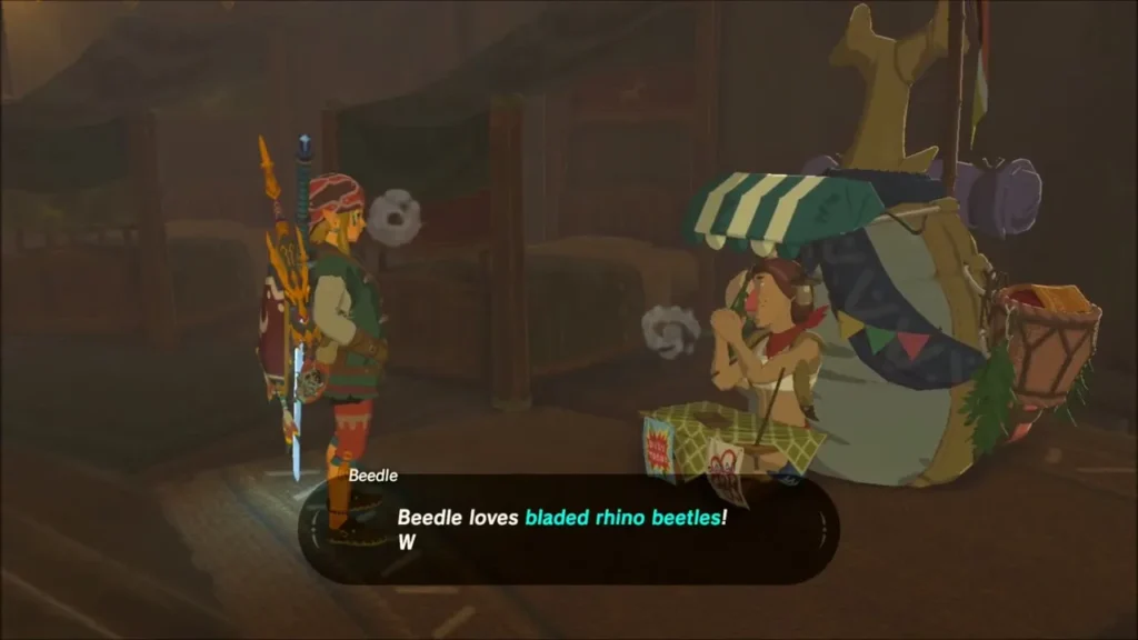 Link talking to Beedle beside his large pack Link talking to Beedle beside his large pack