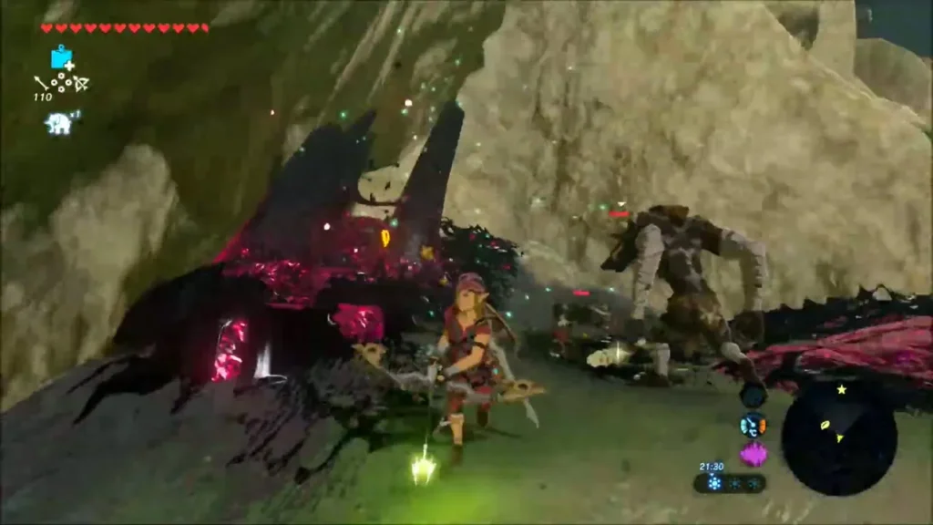 Link facing a Moblin beside a Blight patch in a cave Link facing a Moblin beside a Blight patch in a cave