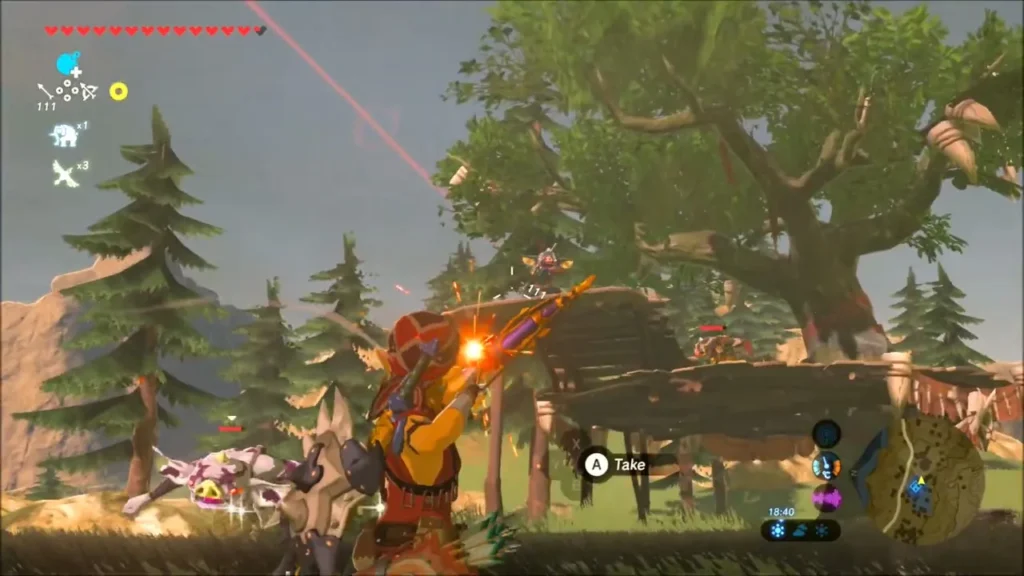 Link firing a flaming arrow at bokoblins on their wooden camp platform Link firing a flaming arrow at bokoblins on their wooden camp platform