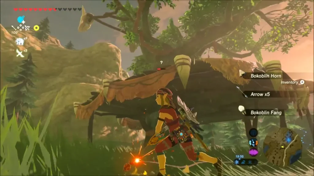 Link picking up Bokoblin Horn, Fang and arrows beside a camp Link picking up Bokoblin Horn, Fang and arrows beside a camp