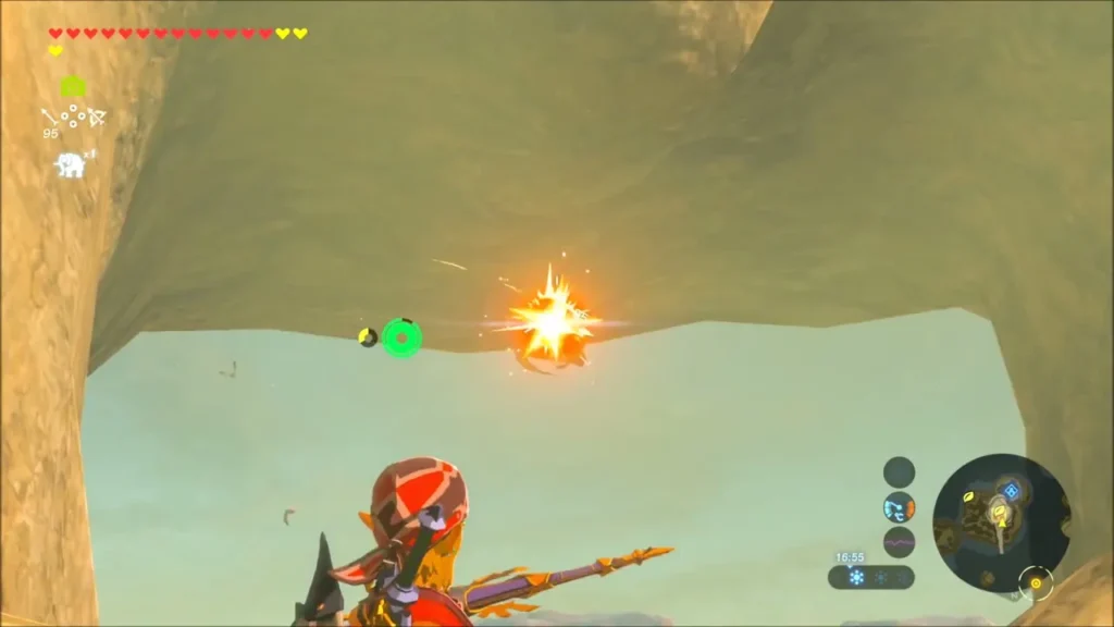 Link's arrow striking a Korok under a stone arch Link's arrow striking a Korok under a stone arch