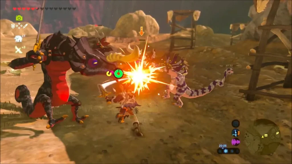 Link fighting a Lizalfos and a bokoblin beside wooden lookouts in the dry hills Link fighting a Lizalfos and a bokoblin beside wooden lookouts in the dry hills