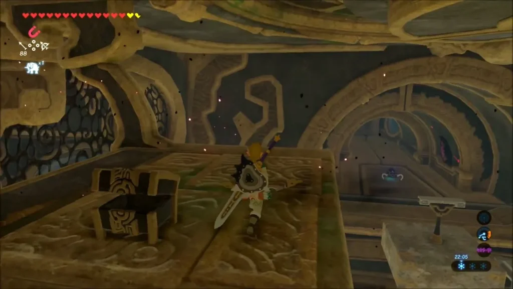 Link beside a chest on a raised stone platform Link beside a chest on a raised stone platform