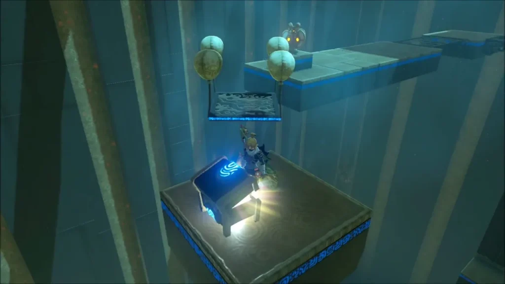 Link opening a chest on a stone platform Link opening a chest on a stone platform