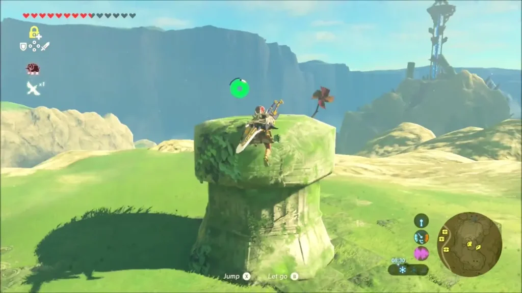 Link climbing a stone pillar with a balloon Korok floating nearby Link climbing a stone pillar with a balloon Korok floating nearby