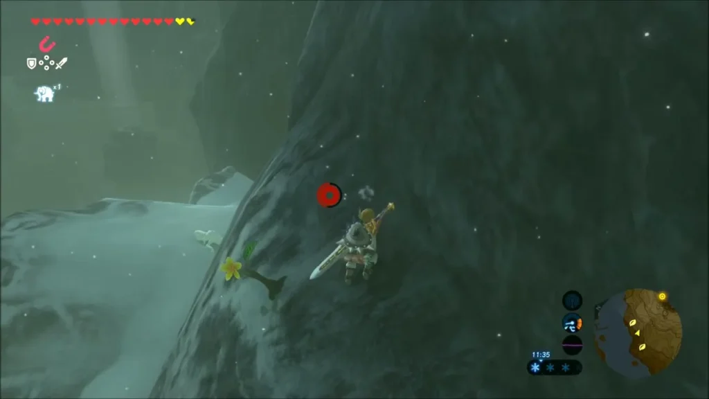 Link scaling a steep snowy cliff face Link scaling a steep snowy cliff face