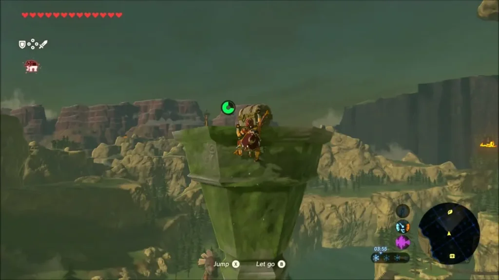 Link climbing onto the top of a mossy stone pillar above the valley Link climbing onto the top of a mossy stone pillar above the valley