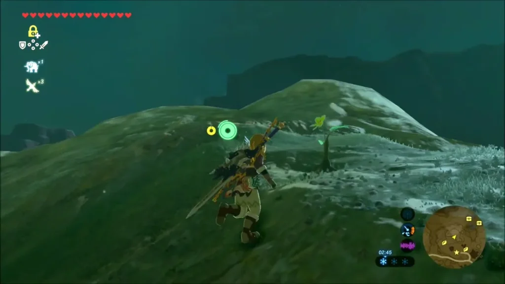 Link climbing a grassy rocky peak toward a Korok leaf at the top Link climbing a grassy rocky peak toward a Korok leaf at the top