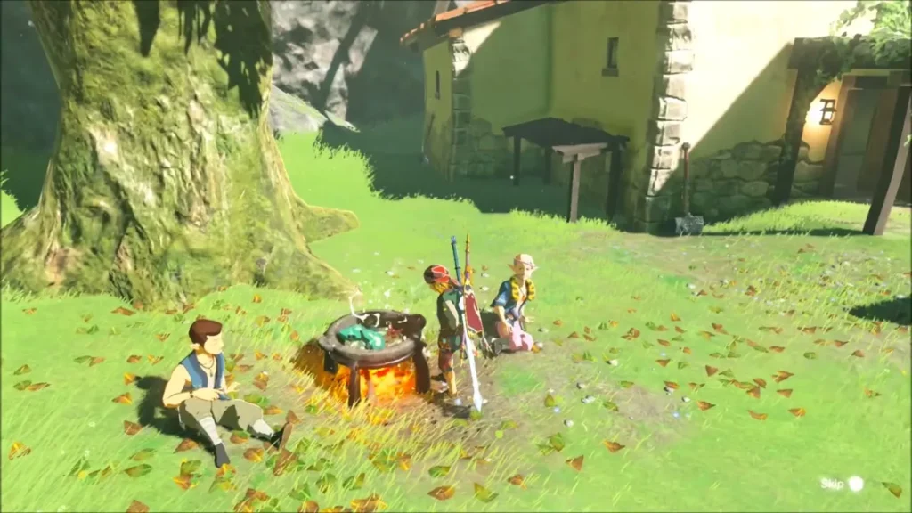 Link and villagers around a cooking pot on the grass Link and villagers around a cooking pot on the grass