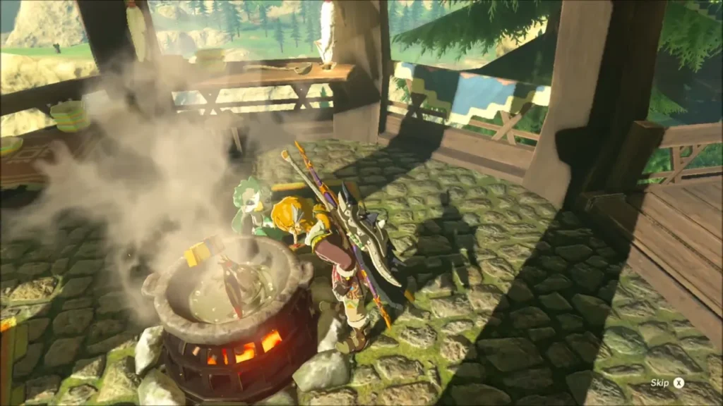 Link cooking at the kitchen pot with steam rising while Genli watches Link cooking at the kitchen pot with steam rising while Genli watches