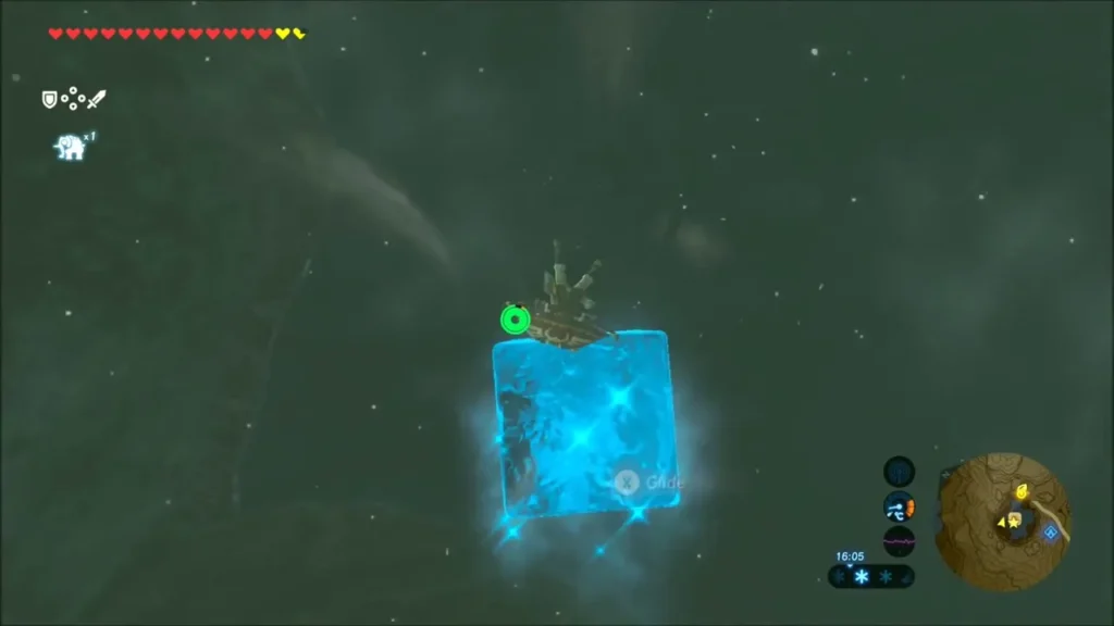 Link standing on a Cryonis ice block in the ravine Link standing on a Cryonis ice block in the ravine