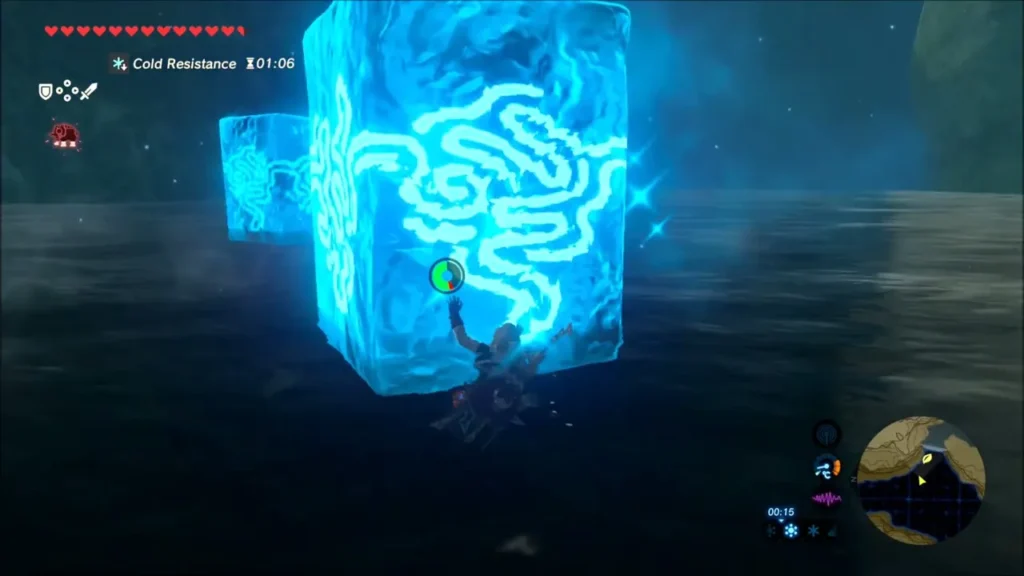 Link beside a tall Cryonis ice block rising from the water Link beside a tall Cryonis ice block rising from the water
