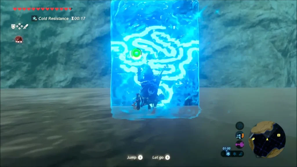 Link climbing a Cryonis ice block against the rock face Link climbing a Cryonis ice block against the rock face