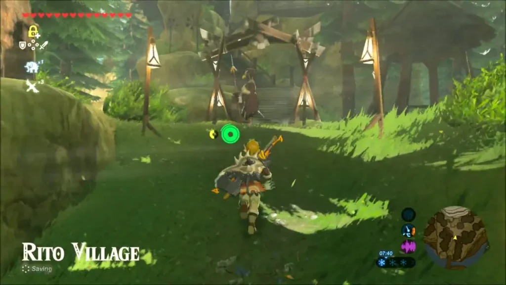 Link running into Rito Village past the lantern gate Link running into Rito Village past the lantern gate