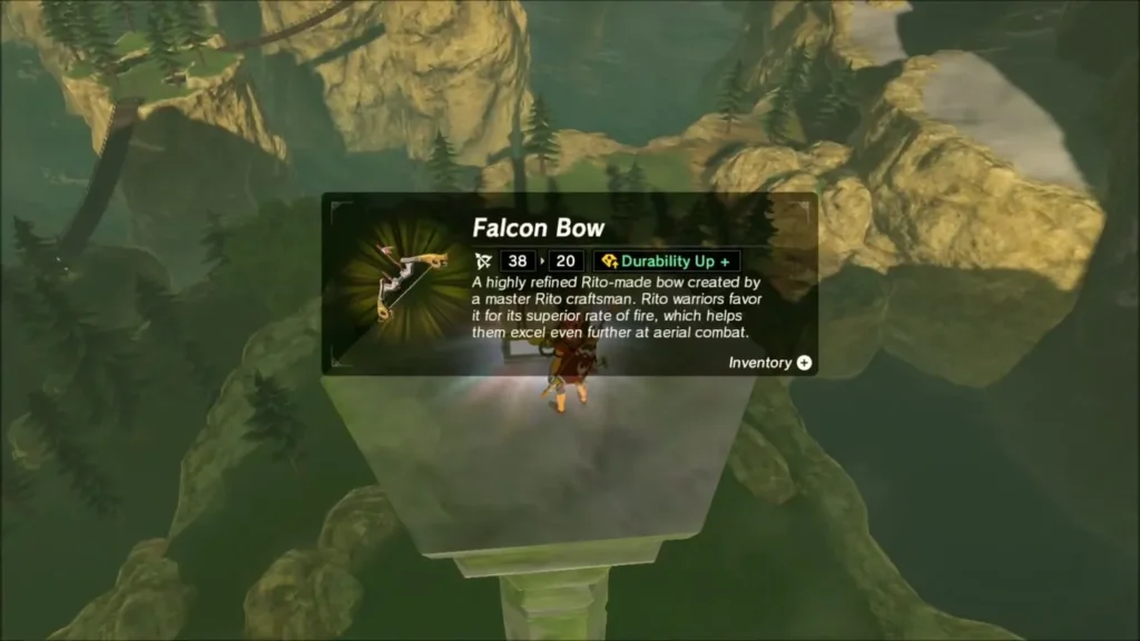 Link holding up the Falcon Bow, a Rito bow, atop the pillar Link holding up the Falcon Bow, a Rito bow, atop the pillar
