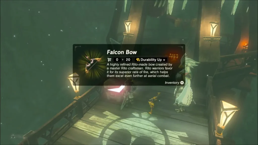 Link holding up the Falcon Bow with its item box beside Teba Link holding up the Falcon Bow with its item box beside Teba
