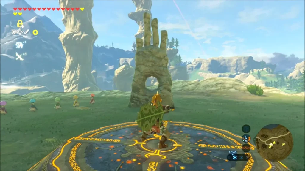 Link on the circular pedestal holding the Korok Leaf toward a stone column with a hole Link on the circular pedestal holding the Korok Leaf toward a stone column with a hole