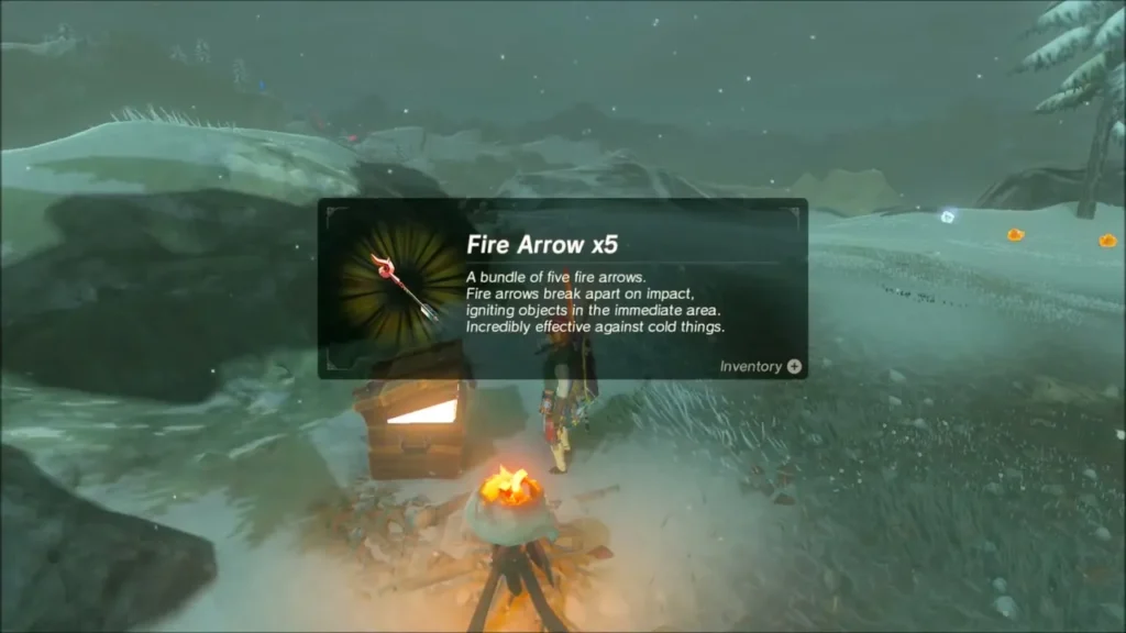Fire Arrow x5 item description above an opened chest beside a campfire on a snowy slope Fire Arrow x5 item description above an opened chest beside a campfire on a snowy slope