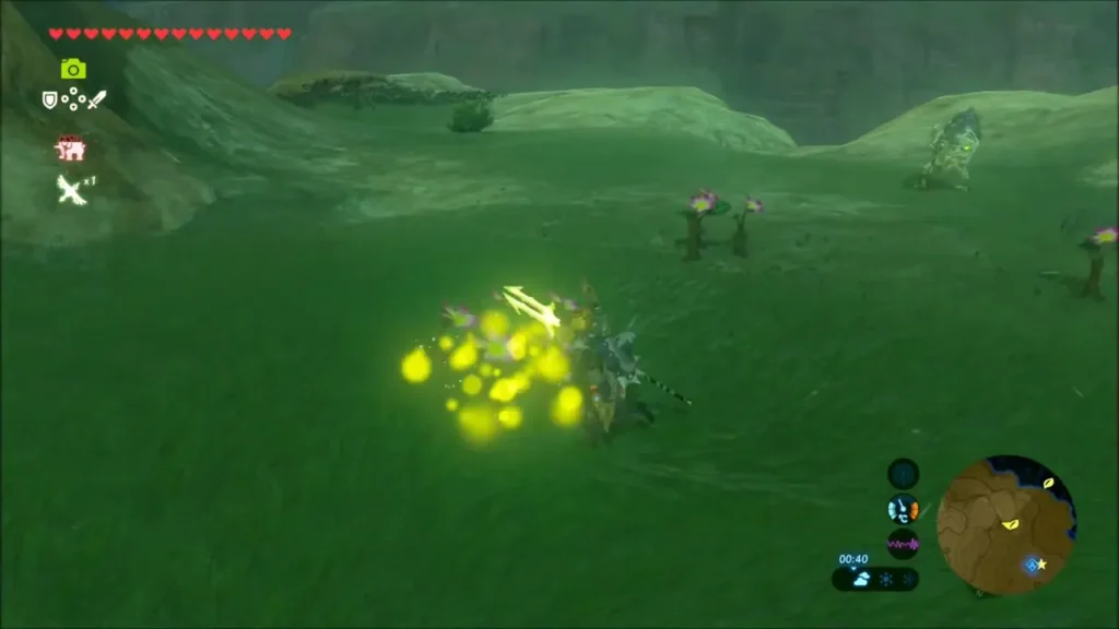 Yellow sparkles swirling around Link beside pink flowers Yellow sparkles swirling around Link beside pink flowers